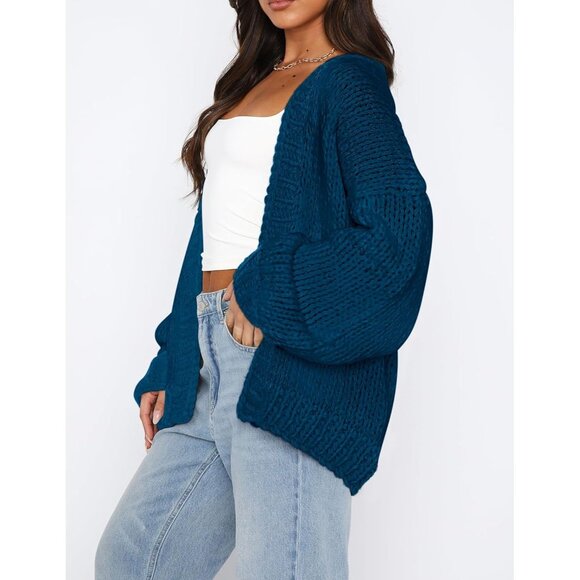 Womens Trendy Cardigan Sweaters Dark Blue Long Sleeve Chunky Knit Outfits - Picture 3 of 8